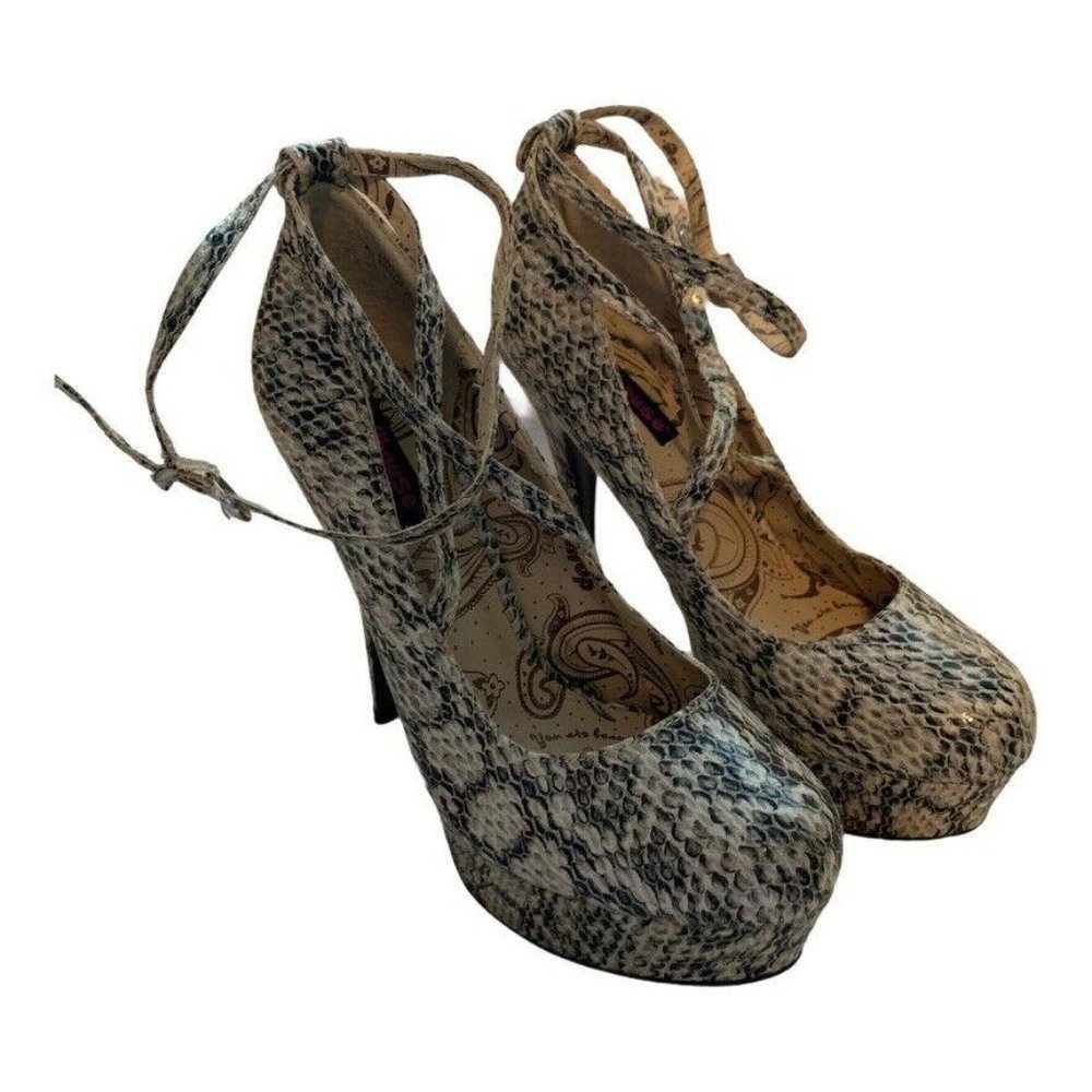 Dollhouse Snake Print Platform Heels in Beige and Black
